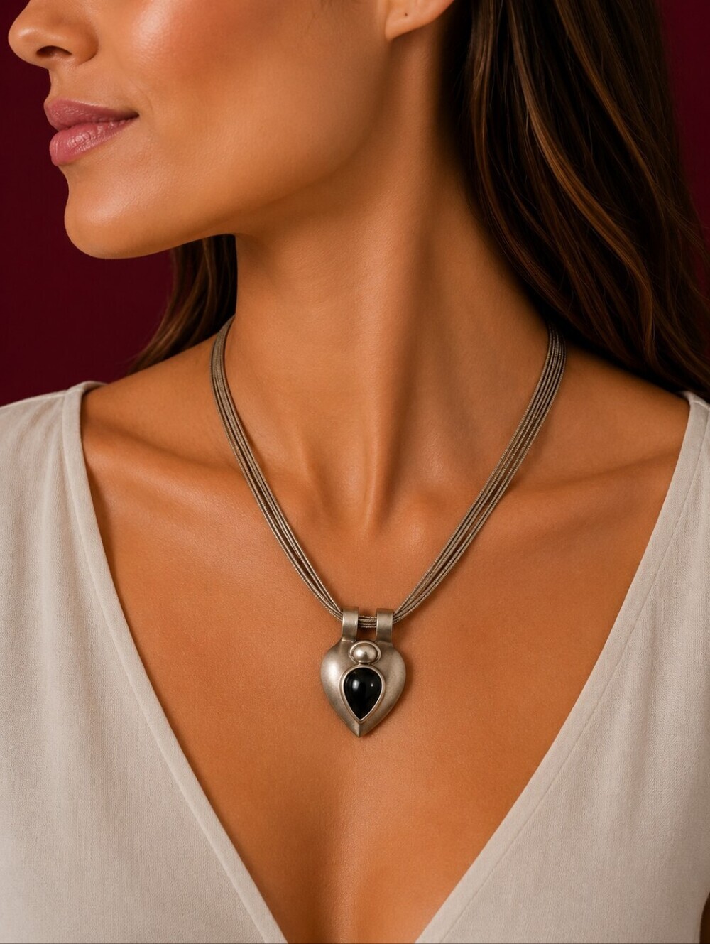 Vtg SPIRIT Ethnic Silver and Black Pendant Necklace